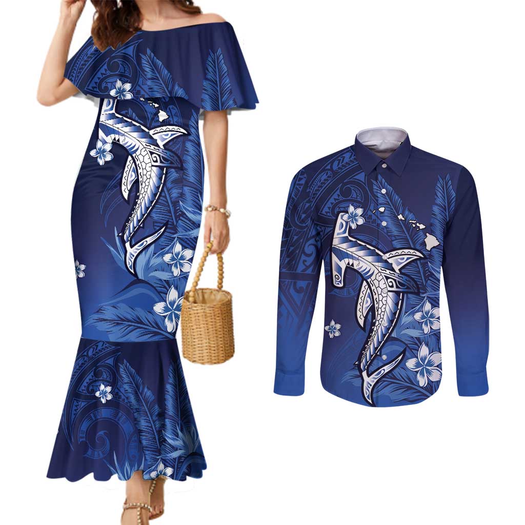 Personalized Hawaiian Maori Hammerhead Shark Couples Matching Mermaid Dress and Long Sleeve Button Shirt Polu Plumeria LT9 Blue - Polynesian Pride