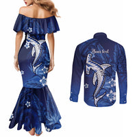 Personalized Hawaiian Maori Hammerhead Shark Couples Matching Mermaid Dress and Long Sleeve Button Shirt Polu Plumeria LT9 - Polynesian Pride