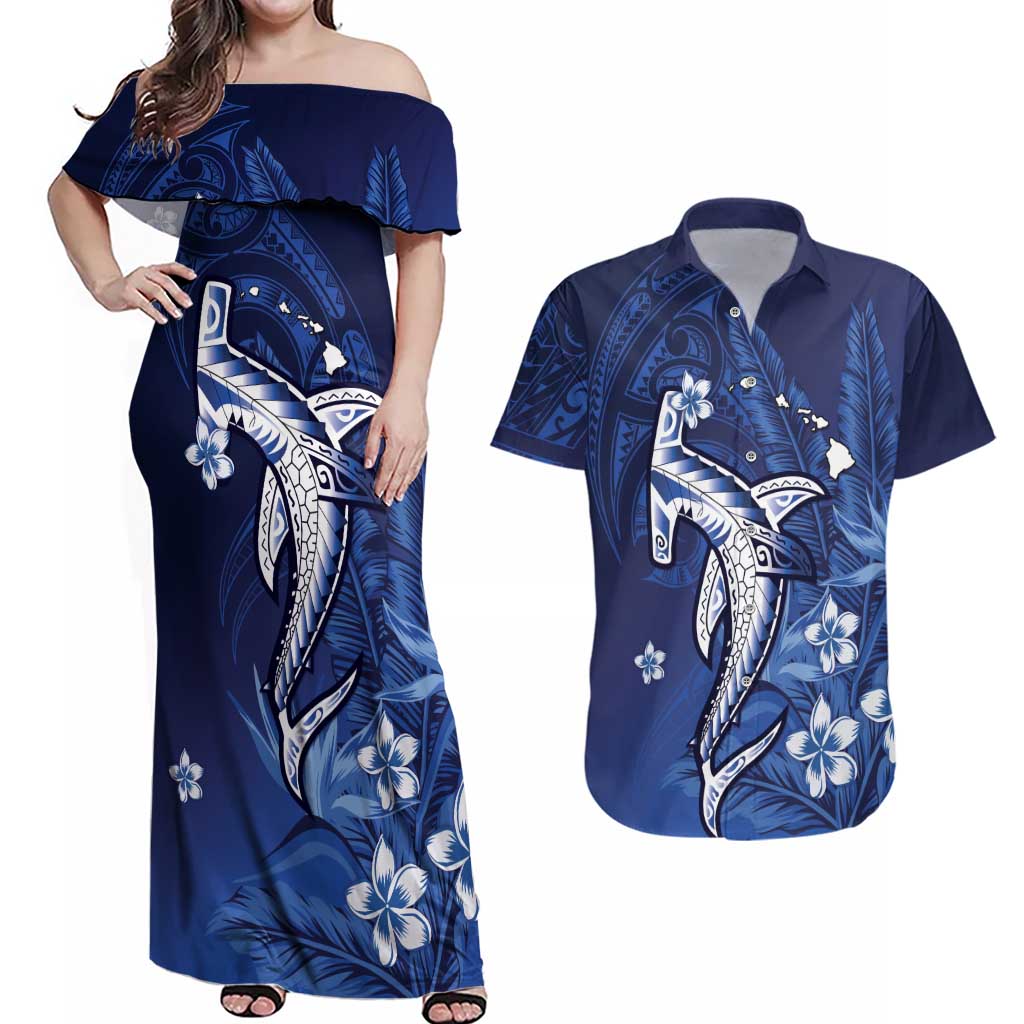 Personalized Hawaiian Maori Hammerhead Shark Couples Matching Off Shoulder Maxi Dress and Hawaiian Shirt Polu Plumeria LT9 Blue - Polynesian Pride