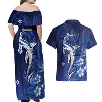 Personalized Hawaiian Maori Hammerhead Shark Couples Matching Off Shoulder Maxi Dress and Hawaiian Shirt Polu Plumeria LT9 - Polynesian Pride