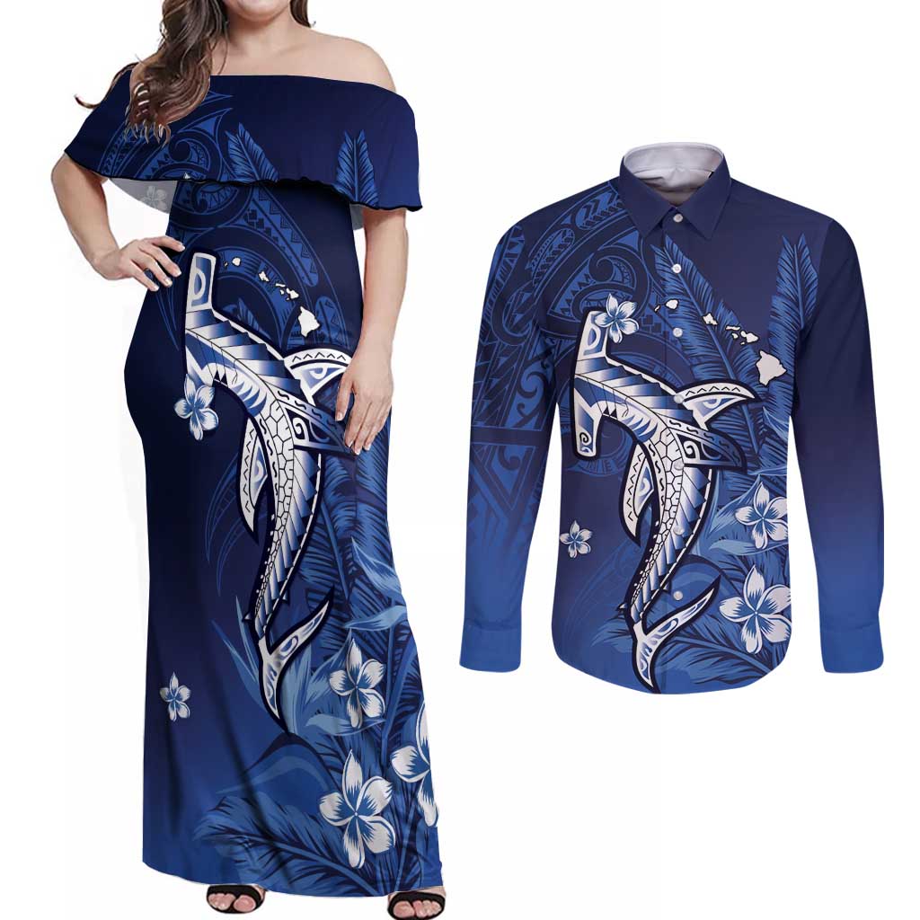 Personalized Hawaiian Maori Hammerhead Shark Couples Matching Off Shoulder Maxi Dress and Long Sleeve Button Shirt Polu Plumeria LT9 Blue - Polynesian Pride