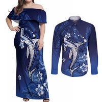 Personalized Hawaiian Maori Hammerhead Shark Couples Matching Off Shoulder Maxi Dress and Long Sleeve Button Shirt Polu Plumeria LT9 Blue - Polynesian Pride