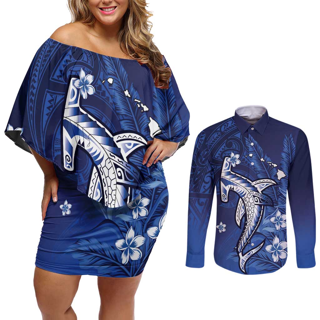 Personalized Hawaiian Maori Hammerhead Shark Couples Matching Off Shoulder Short Dress and Long Sleeve Button Shirt Polu Plumeria LT9 Blue - Polynesian Pride