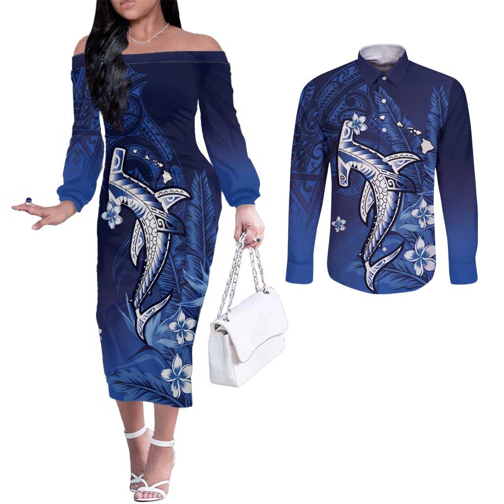Personalized Hawaiian Maori Hammerhead Shark Couples Matching Off The Shoulder Long Sleeve Dress and Long Sleeve Button Shirt Polu Plumeria LT9 Blue - Polynesian Pride