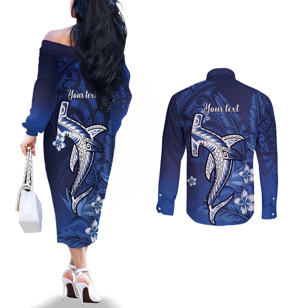 Personalized Hawaiian Maori Hammerhead Shark Couples Matching Off The Shoulder Long Sleeve Dress and Long Sleeve Button Shirt Polu Plumeria LT9 - Polynesian Pride