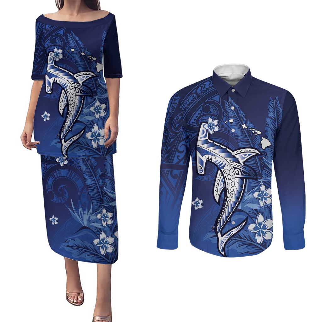 Personalized Hawaiian Maori Hammerhead Shark Couples Matching Puletasi and Long Sleeve Button Shirt Polu Plumeria LT9 Blue - Polynesian Pride