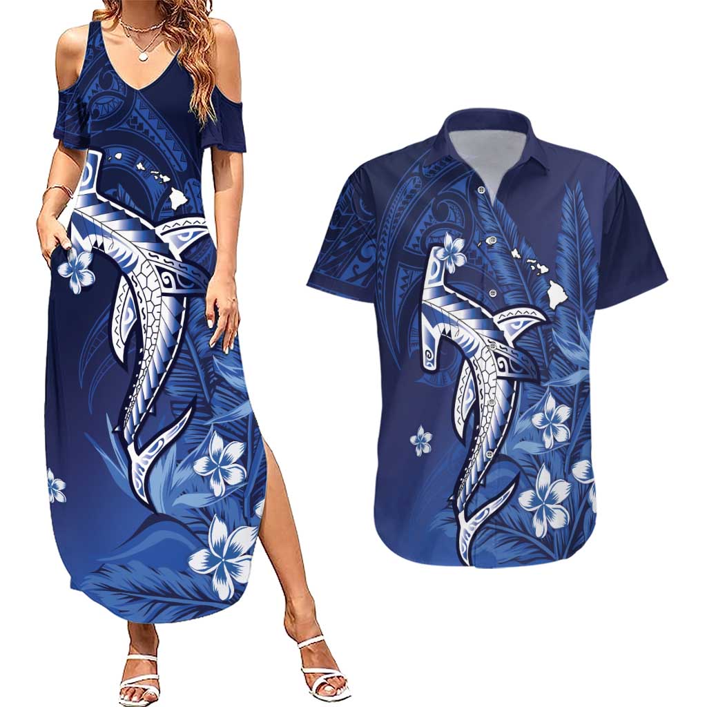 Personalized Hawaiian Maori Hammerhead Shark Couples Matching Summer Maxi Dress and Hawaiian Shirt Polu Plumeria LT9 Blue - Polynesian Pride