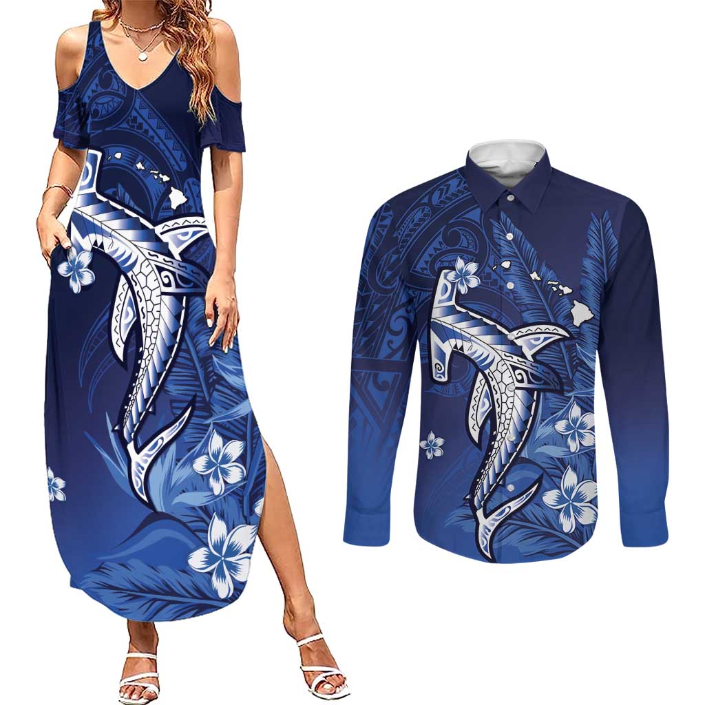 Personalized Hawaiian Maori Hammerhead Shark Couples Matching Summer Maxi Dress and Long Sleeve Button Shirt Polu Plumeria LT9 Blue - Polynesian Pride