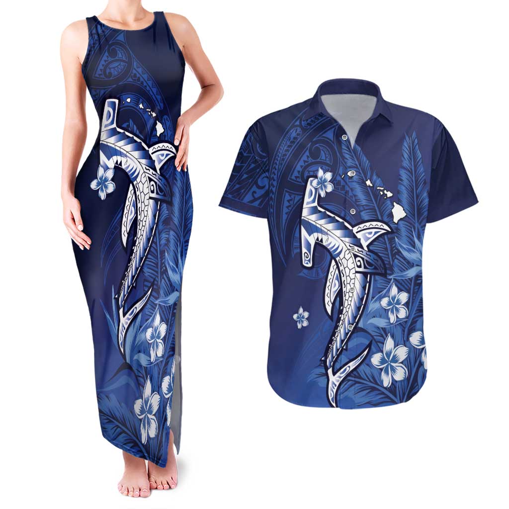 Personalized Hawaiian Maori Hammerhead Shark Couples Matching Tank Maxi Dress and Hawaiian Shirt Polu Plumeria LT9 Blue - Polynesian Pride