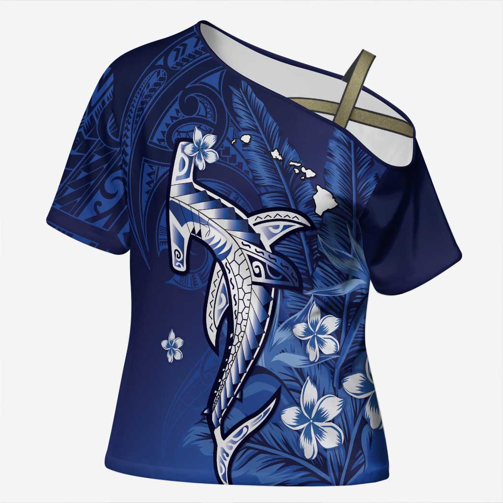 Personalized Hawaiian Maori Hammerhead Shark Cross Shoulder Shirt Polu Plumeria LT9 Female Blue - Polynesian Pride
