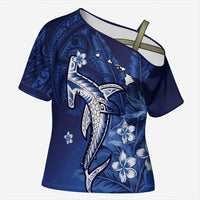 Personalized Hawaiian Maori Hammerhead Shark Cross Shoulder Shirt Polu Plumeria LT9 Female Blue - Polynesian Pride