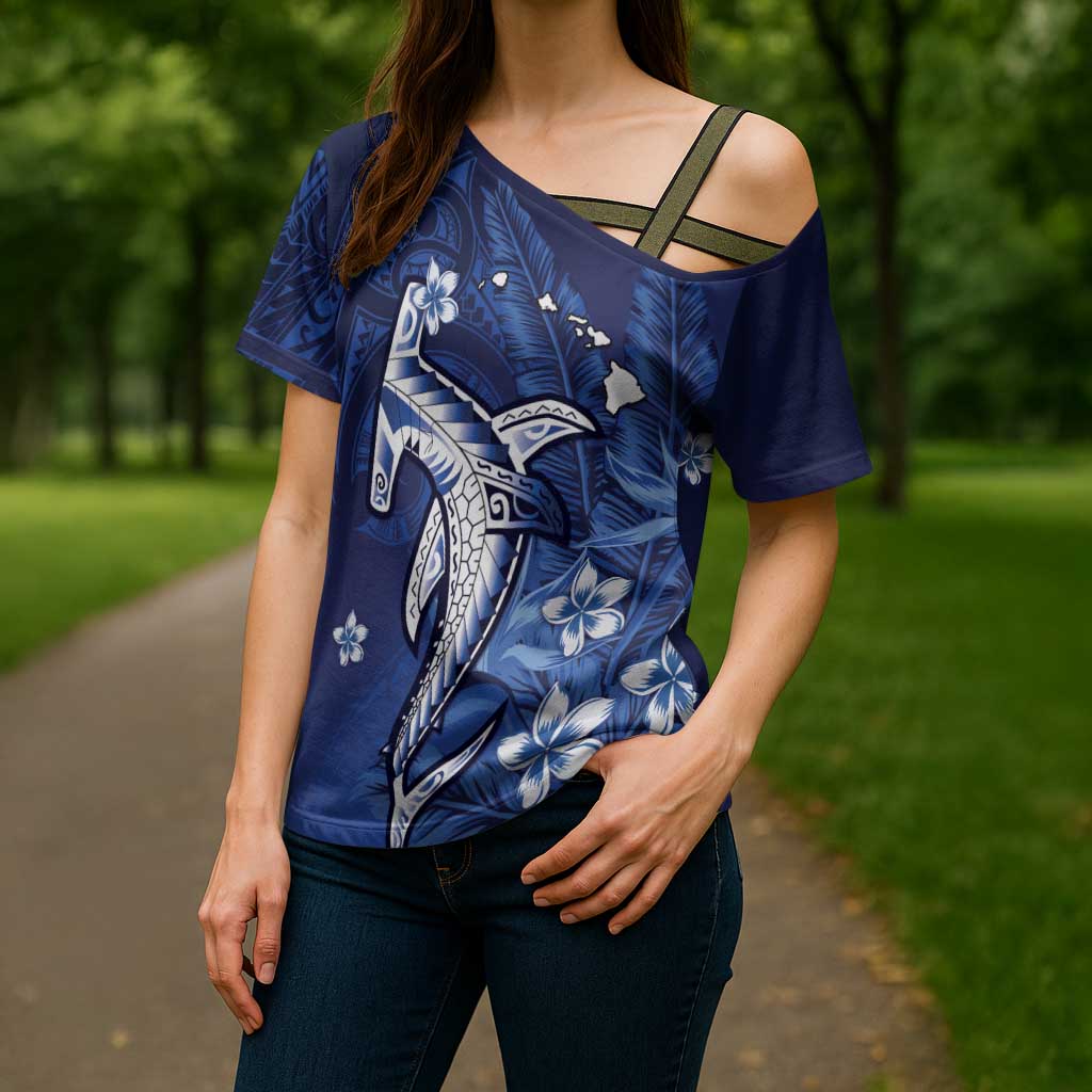 Personalized Hawaiian Maori Hammerhead Shark Cross Shoulder Shirt Polu Plumeria LT9 - Polynesian Pride
