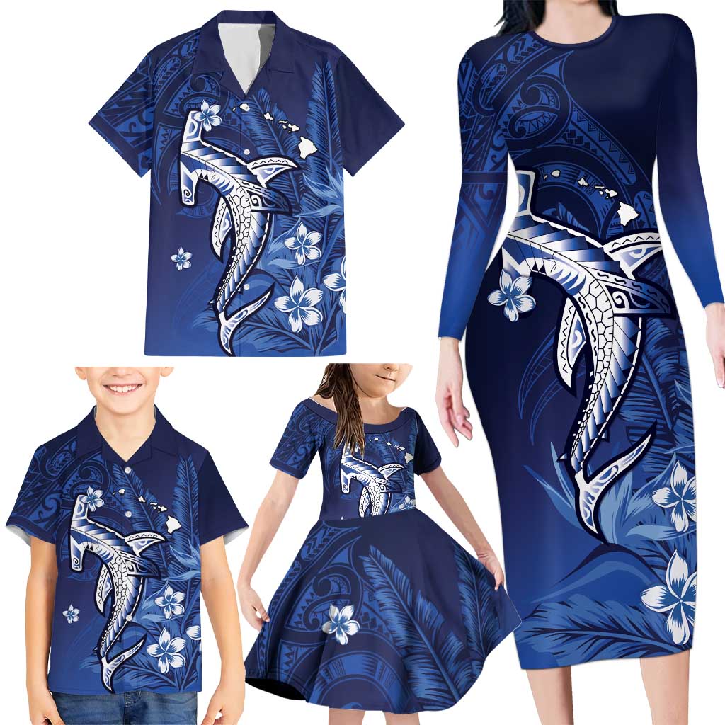 Personalized Hawaiian Maori Hammerhead Shark Family Matching Long Sleeve Bodycon Dress and Hawaiian Shirt Polu Plumeria LT9 - Polynesian Pride