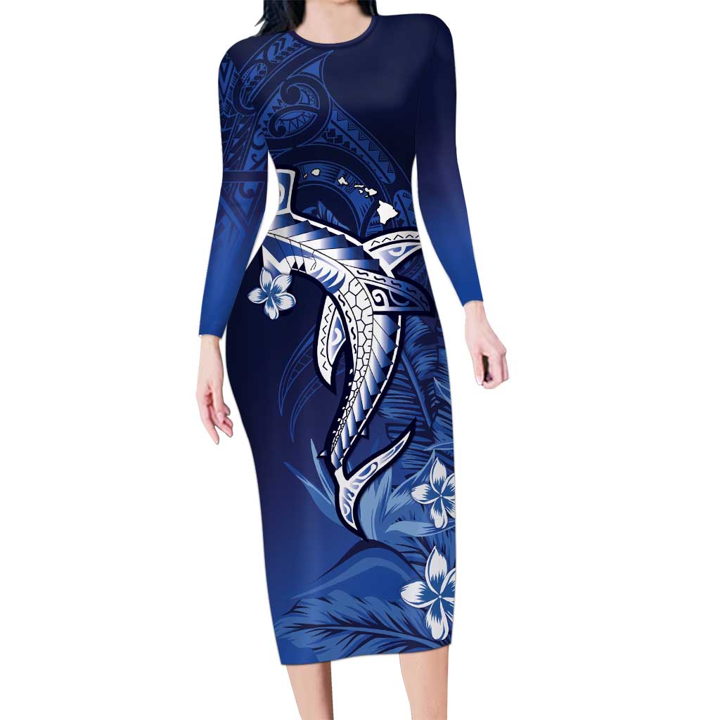 Personalized Hawaiian Maori Hammerhead Shark Family Matching Long Sleeve Bodycon Dress and Hawaiian Shirt Polu Plumeria LT9 Mom's Dress Blue - Polynesian Pride