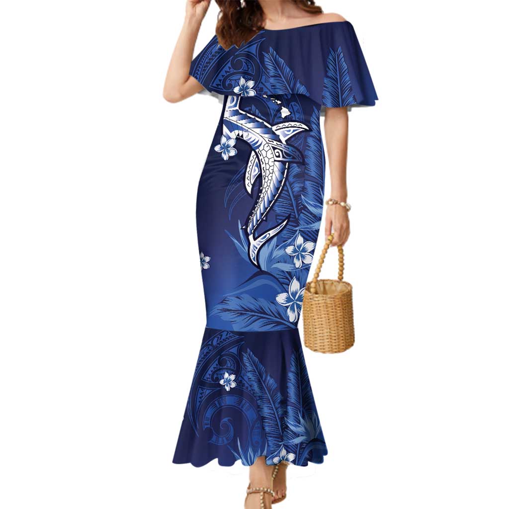 Personalized Hawaiian Maori Hammerhead Shark Family Matching Mermaid Dress and Hawaiian Shirt Polu Plumeria LT9 Mom's Dress Blue - Polynesian Pride