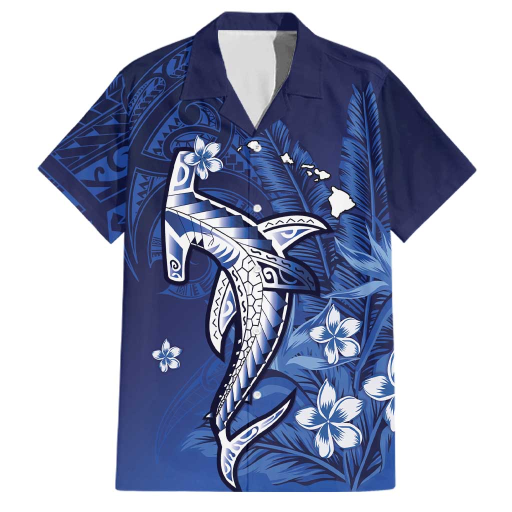 Personalized Hawaiian Maori Hammerhead Shark Family Matching Off The Shoulder Long Sleeve Dress and Hawaiian Shirt Polu Plumeria LT9 Dad's Shirt - Short Sleeve Blue - Polynesian Pride