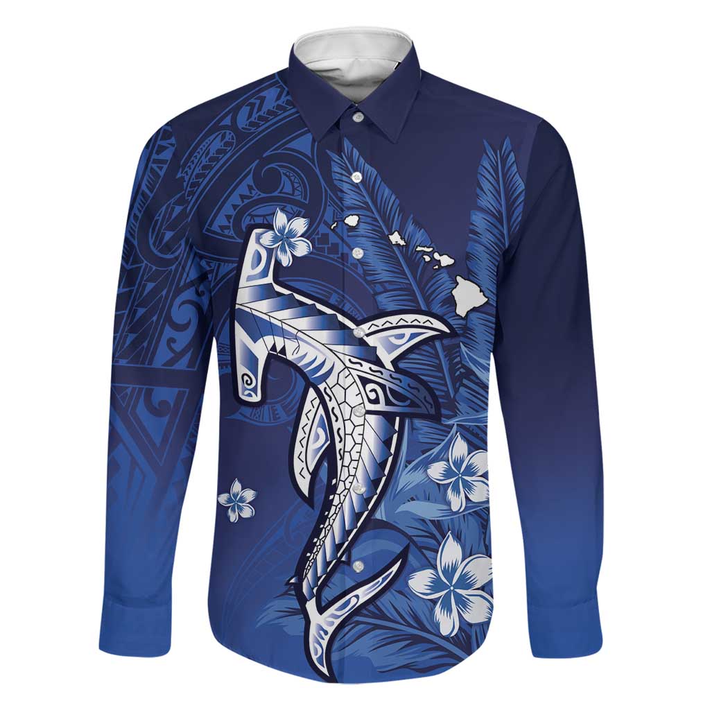 Personalized Hawaiian Maori Hammerhead Shark Family Matching Off The Shoulder Long Sleeve Dress and Hawaiian Shirt Polu Plumeria LT9 Dad's Shirt - Long Sleeve Blue - Polynesian Pride