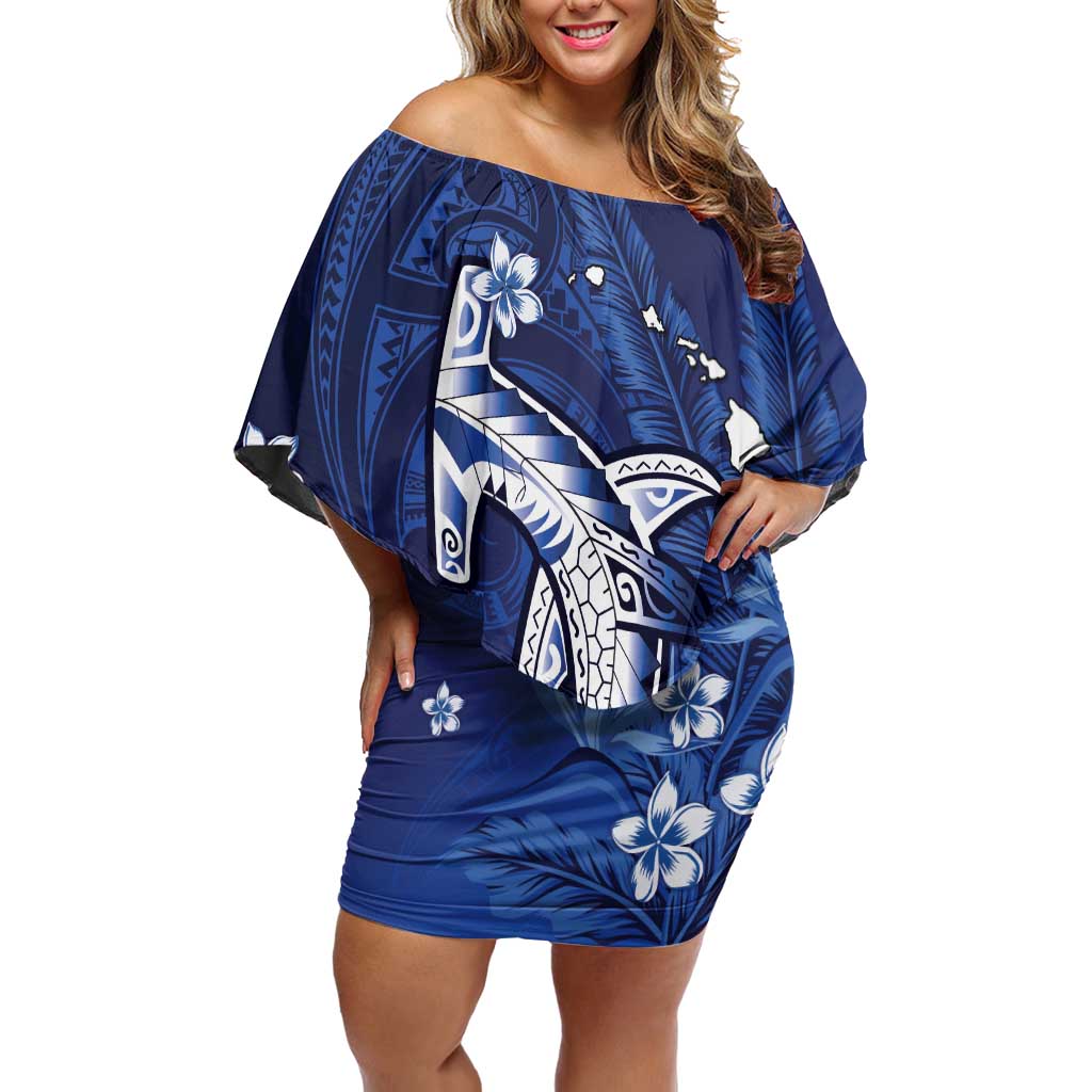 Personalized Hawaiian Maori Hammerhead Shark Off Shoulder Short Dress Polu Plumeria - Polynesian Pride