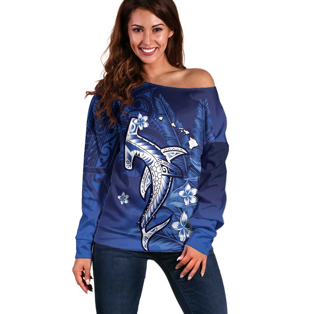 Personalized Hawaiian Maori Hammerhead Shark Off Shoulder Sweater Polu Plumeria - Polynesian Pride