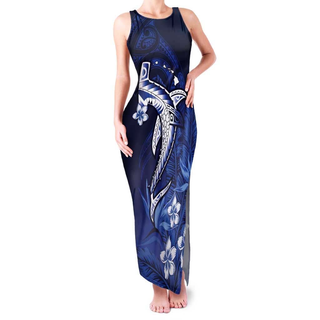 Personalized Hawaiian Maori Hammerhead Shark Tank Maxi Dress Polu Plumeria LT9 Women Blue - Polynesian Pride