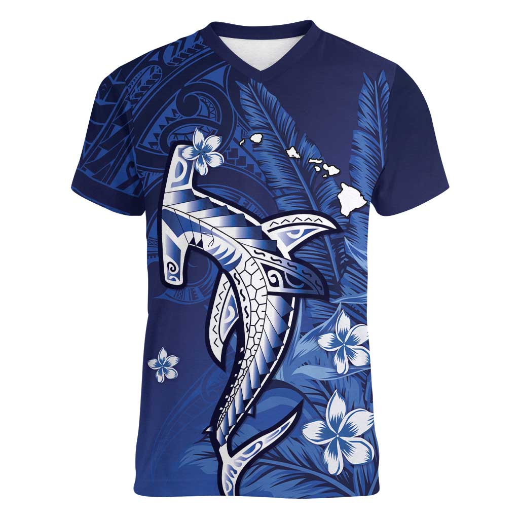 Personalized Hawaiian Maori Hammerhead Shark Women V-Neck T-Shirt Polu Plumeria LT9 Female Blue - Polynesian Pride