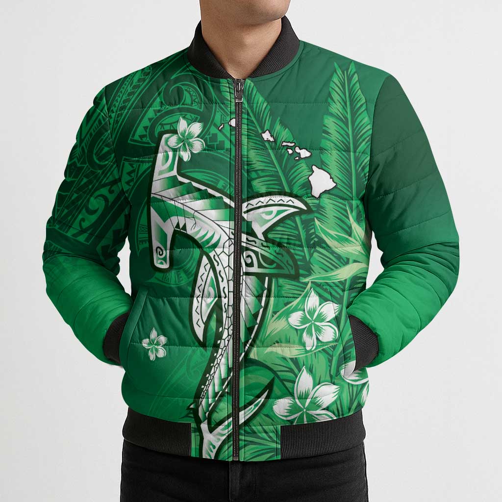 Personalized Hawaiian Maori Hammerhead Shark Bomber Puffer Jacket Omaomao Plumeria - Polynesian Pride