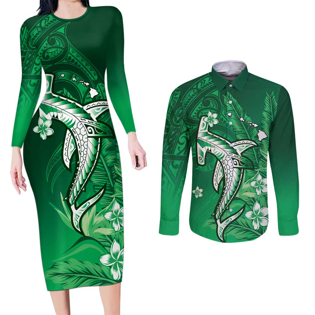 Personalized Hawaiian Maori Hammerhead Shark Couples Matching Long Sleeve Bodycon Dress and Long Sleeve Button Shirt Omaomao Plumeria LT9 Green - Polynesian Pride