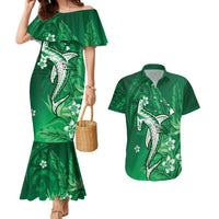 Personalized Hawaiian Maori Hammerhead Shark Couples Matching Mermaid Dress and Hawaiian Shirt Omaomao Plumeria LT9 Green - Polynesian Pride