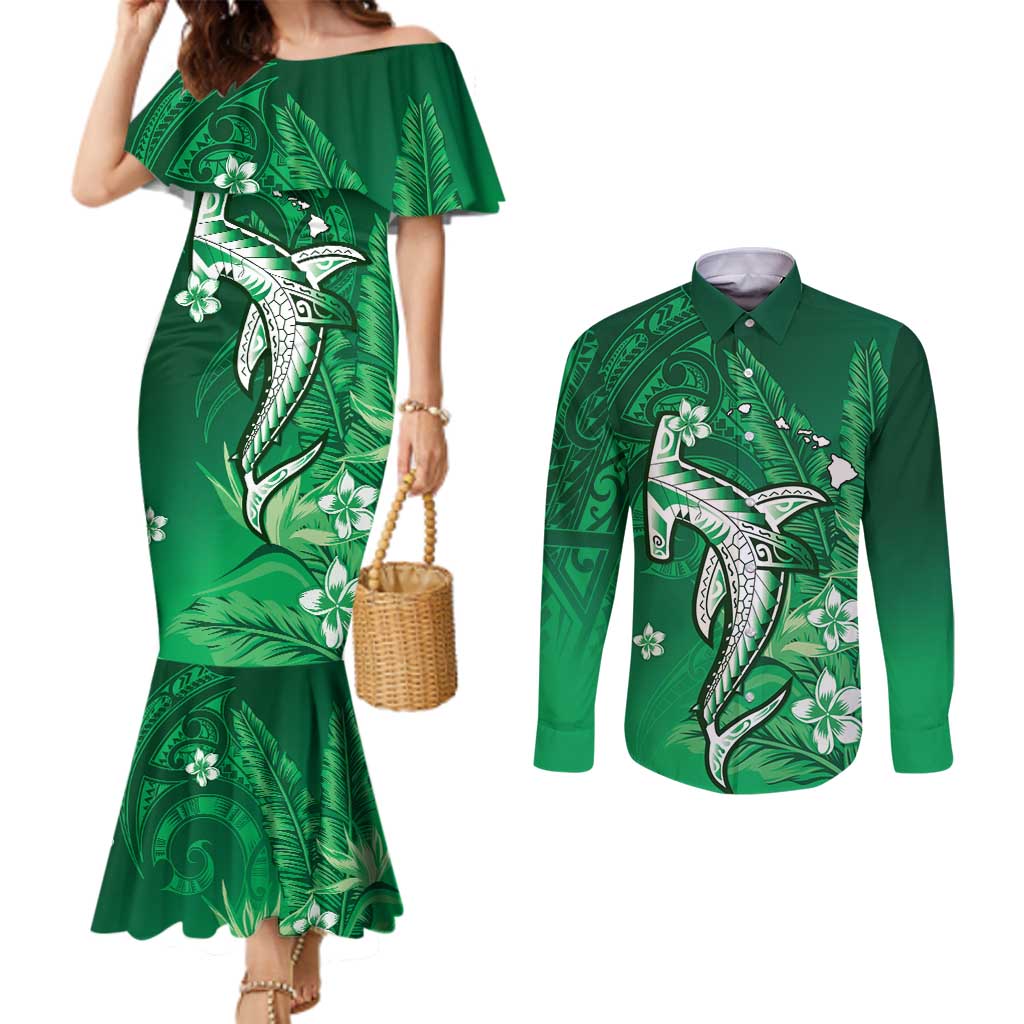 Personalized Hawaiian Maori Hammerhead Shark Couples Matching Mermaid Dress and Long Sleeve Button Shirt Omaomao Plumeria LT9 Green - Polynesian Pride