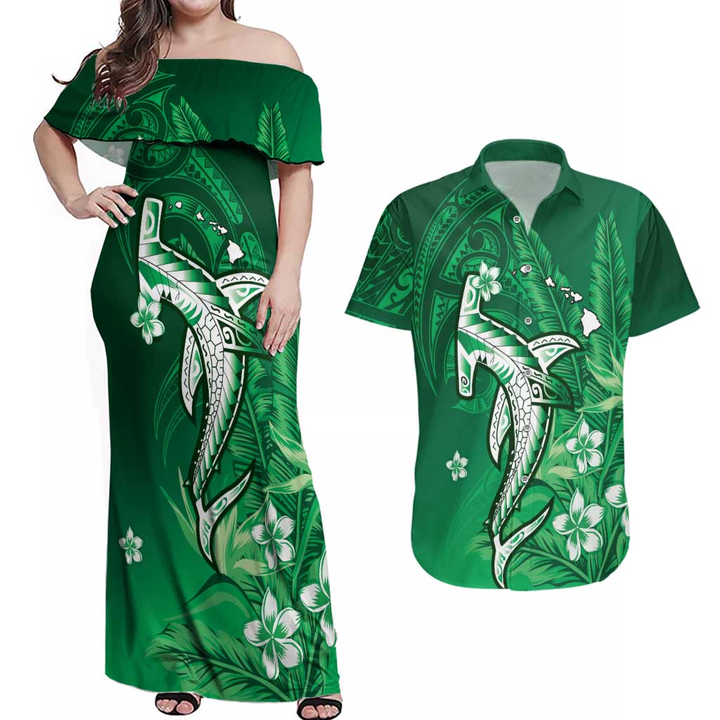 Personalized Hawaiian Maori Hammerhead Shark Couples Matching Off Shoulder Maxi Dress and Hawaiian Shirt Omaomao Plumeria LT9 Green - Polynesian Pride