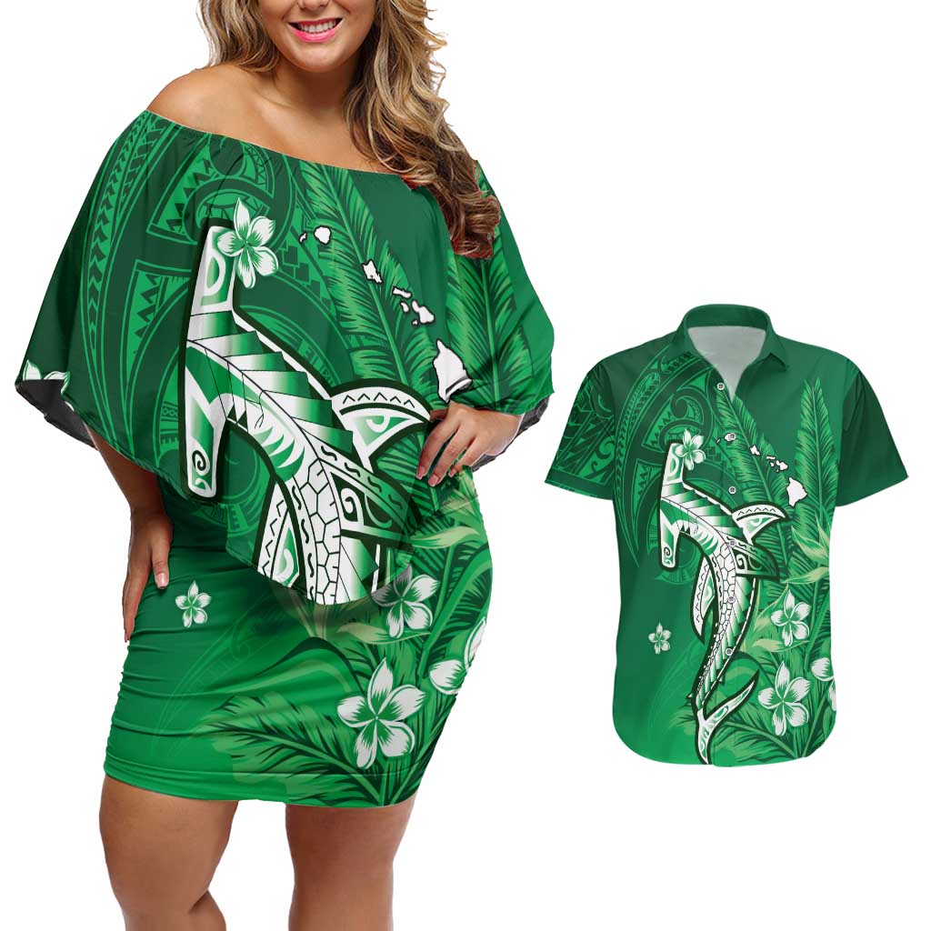 Personalized Hawaiian Maori Hammerhead Shark Couples Matching Off Shoulder Short Dress and Hawaiian Shirt Omaomao Plumeria LT9 Green - Polynesian Pride