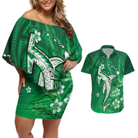 Personalized Hawaiian Maori Hammerhead Shark Couples Matching Off Shoulder Short Dress and Hawaiian Shirt Omaomao Plumeria LT9 Green - Polynesian Pride