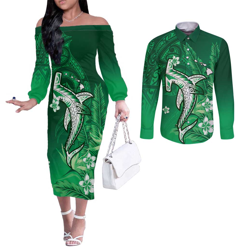 Personalized Hawaiian Maori Hammerhead Shark Couples Matching Off The Shoulder Long Sleeve Dress and Long Sleeve Button Shirt Omaomao Plumeria LT9 Green - Polynesian Pride
