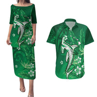 Personalized Hawaiian Maori Hammerhead Shark Couples Matching Puletasi and Hawaiian Shirt Omaomao Plumeria LT9 Green - Polynesian Pride