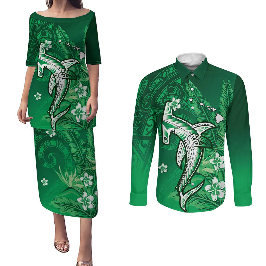 Personalized Hawaiian Maori Hammerhead Shark Couples Matching Puletasi and Long Sleeve Button Shirt Omaomao Plumeria LT9 Green - Polynesian Pride