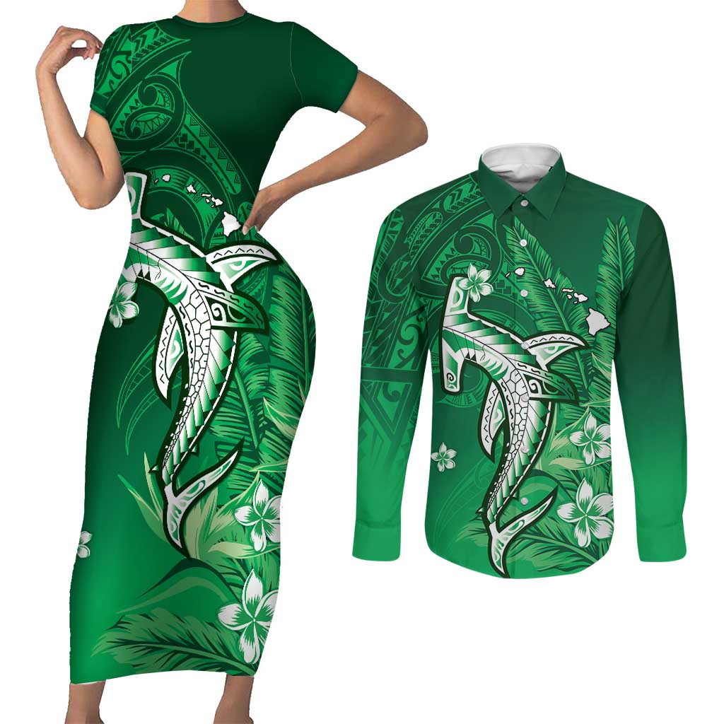 Personalized Hawaiian Maori Hammerhead Shark Couples Matching Short Sleeve Bodycon Dress and Long Sleeve Button Shirt Omaomao Plumeria LT9 Green - Polynesian Pride