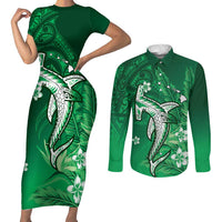 Personalized Hawaiian Maori Hammerhead Shark Couples Matching Short Sleeve Bodycon Dress and Long Sleeve Button Shirt Omaomao Plumeria LT9 Green - Polynesian Pride