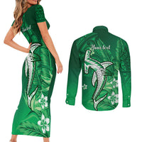 Personalized Hawaiian Maori Hammerhead Shark Couples Matching Short Sleeve Bodycon Dress and Long Sleeve Button Shirt Omaomao Plumeria LT9 - Polynesian Pride