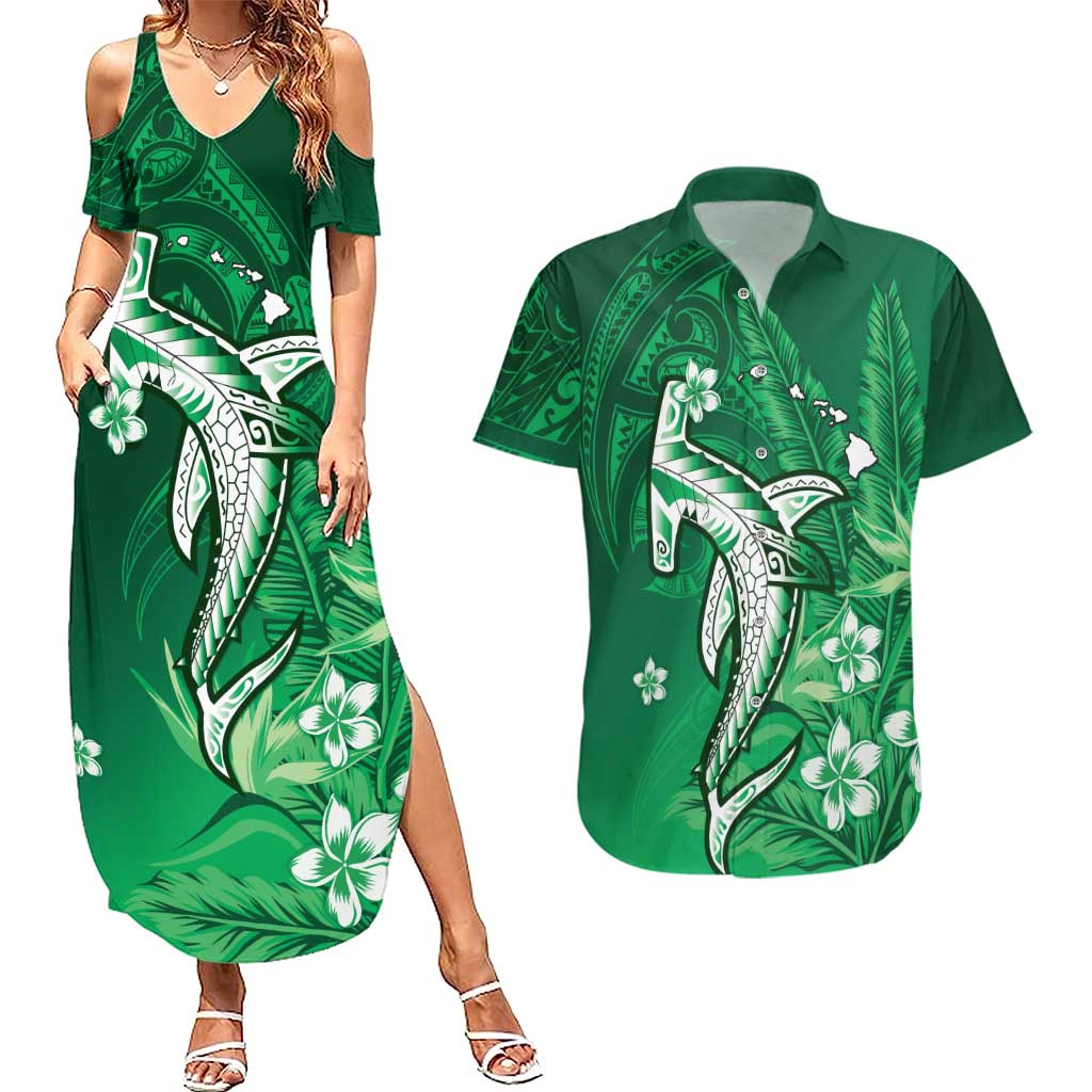Personalized Hawaiian Maori Hammerhead Shark Couples Matching Summer Maxi Dress and Hawaiian Shirt Omaomao Plumeria LT9 Green - Polynesian Pride