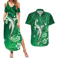 Personalized Hawaiian Maori Hammerhead Shark Couples Matching Summer Maxi Dress and Hawaiian Shirt Omaomao Plumeria LT9 Green - Polynesian Pride