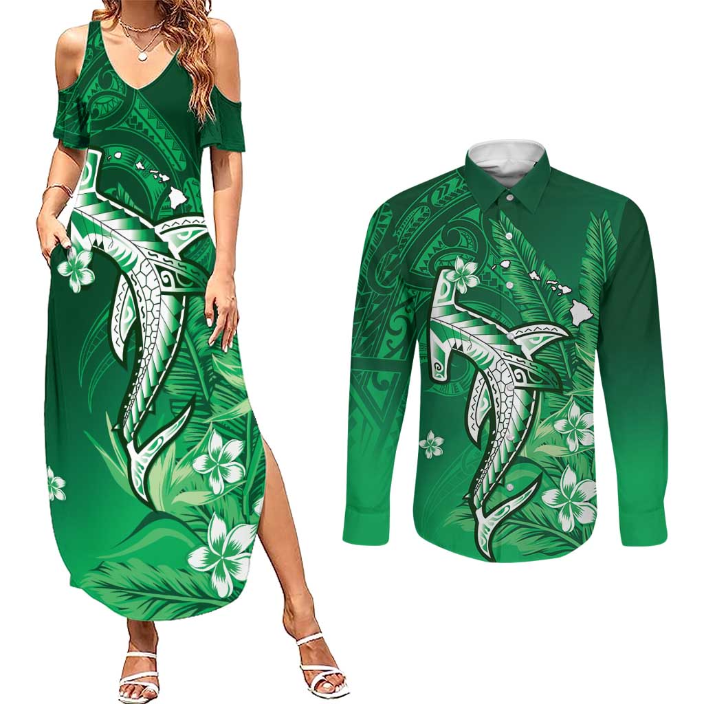 Personalized Hawaiian Maori Hammerhead Shark Couples Matching Summer Maxi Dress and Long Sleeve Button Shirt Omaomao Plumeria LT9 Green - Polynesian Pride