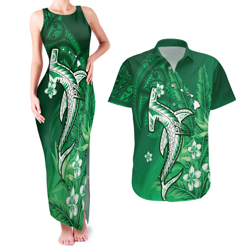 Personalized Hawaiian Maori Hammerhead Shark Couples Matching Tank Maxi Dress and Hawaiian Shirt Omaomao Plumeria LT9 Green - Polynesian Pride