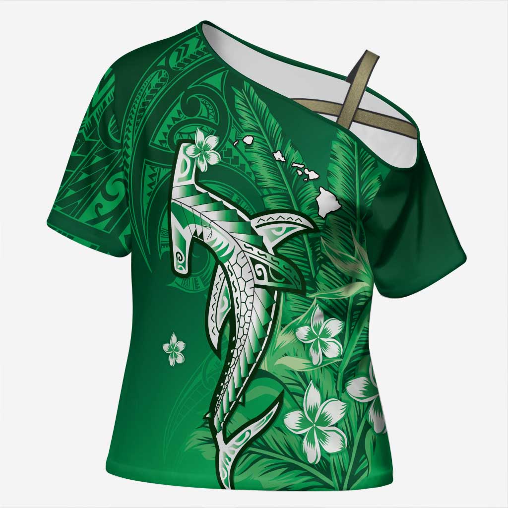Personalized Hawaiian Maori Hammerhead Shark Cross Shoulder Shirt Omaomao Plumeria LT9 Female Green - Polynesian Pride