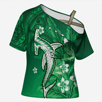 Personalized Hawaiian Maori Hammerhead Shark Cross Shoulder Shirt Omaomao Plumeria LT9 Female Green - Polynesian Pride