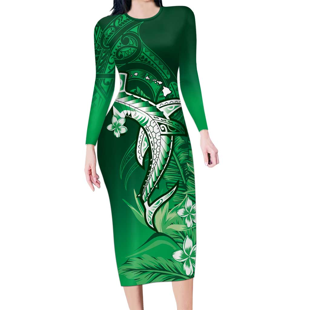 Personalized Hawaiian Maori Hammerhead Shark Family Matching Long Sleeve Bodycon Dress and Hawaiian Shirt Omaomao Plumeria LT9 Mom's Dress Green - Polynesian Pride