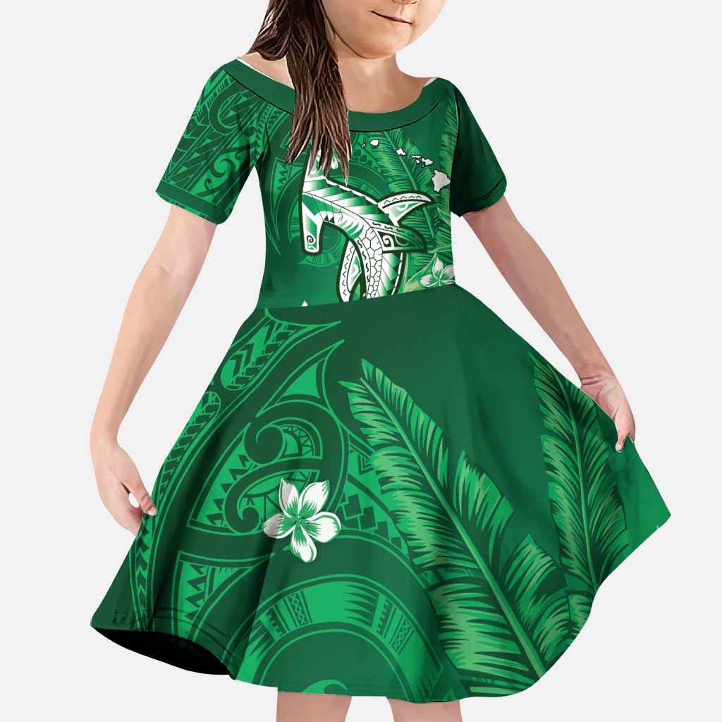 Personalized Hawaiian Maori Hammerhead Shark Family Matching Mermaid Dress and Hawaiian Shirt Omaomao Plumeria LT9 Daughter's Dress Green - Polynesian Pride