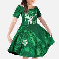 Personalized Hawaiian Maori Hammerhead Shark Family Matching Mermaid Dress and Hawaiian Shirt Omaomao Plumeria LT9 Daughter's Dress Green - Polynesian Pride