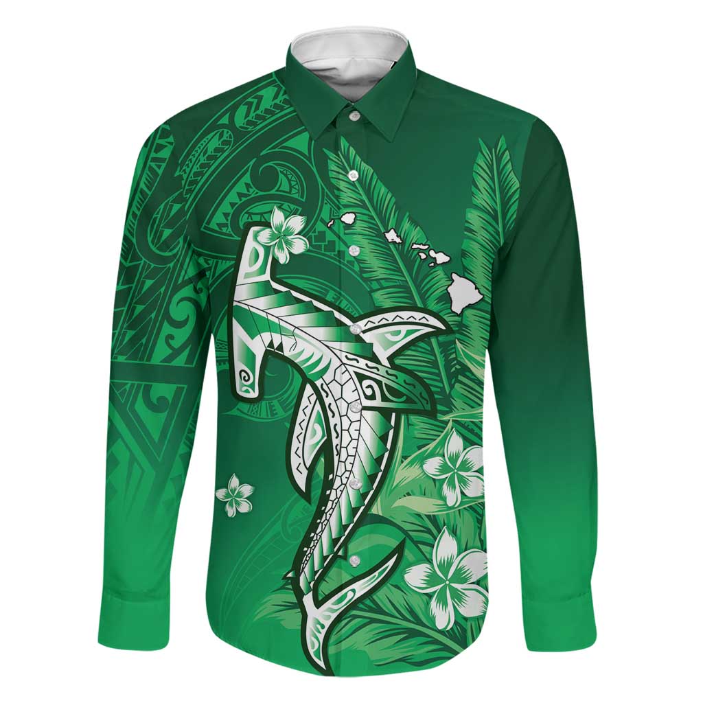 Personalized Hawaiian Maori Hammerhead Shark Family Matching Off Shoulder Short Dress and Hawaiian Shirt Omaomao Plumeria LT9 Dad's Shirt - Long Sleeve Green - Polynesian Pride