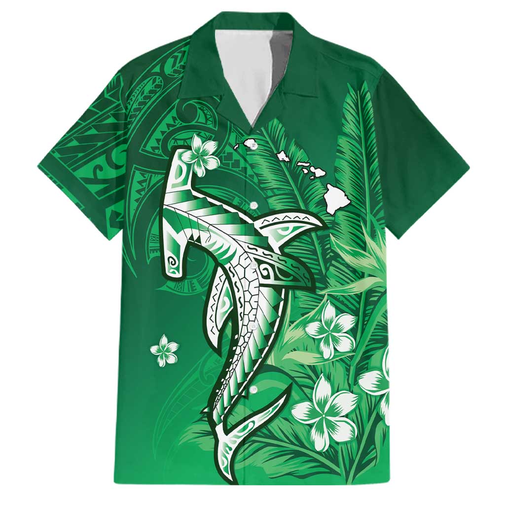 Personalized Hawaiian Maori Hammerhead Shark Family Matching Tank Maxi Dress and Hawaiian Shirt Omaomao Plumeria LT9 Dad's Shirt - Short Sleeve Green - Polynesian Pride