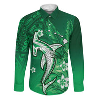 Personalized Hawaiian Maori Hammerhead Shark Family Matching Tank Maxi Dress and Hawaiian Shirt Omaomao Plumeria LT9 Dad's Shirt - Long Sleeve Green - Polynesian Pride
